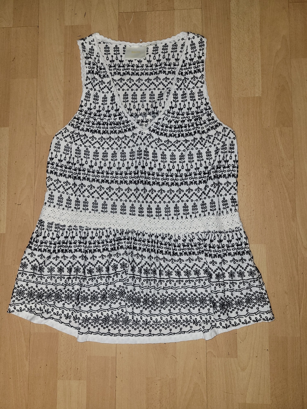 Anthropologie White Tank Top with Black Embroidered Detail